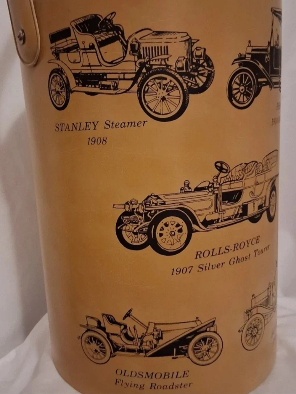 Vintage Automobile-Illustrated Ice Bucket MCM Classic Car Faux Leather Bar Caddy